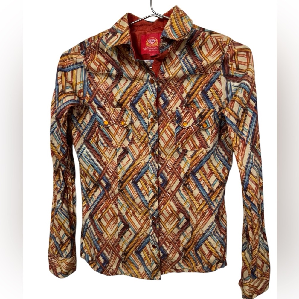 Geometric Plaid White Diamonds Boots Western Snap Down Rodeo Shirt Women’s S